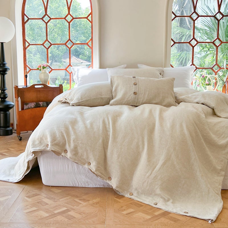 Simple&Opulence 100% Linen Duvet Cover Set 2pcs with Coconut Button Closure Natural French Washed Flax Solid Color Soft Breathable Farmhouse Bedding - Linen, Twin Size - Image 1